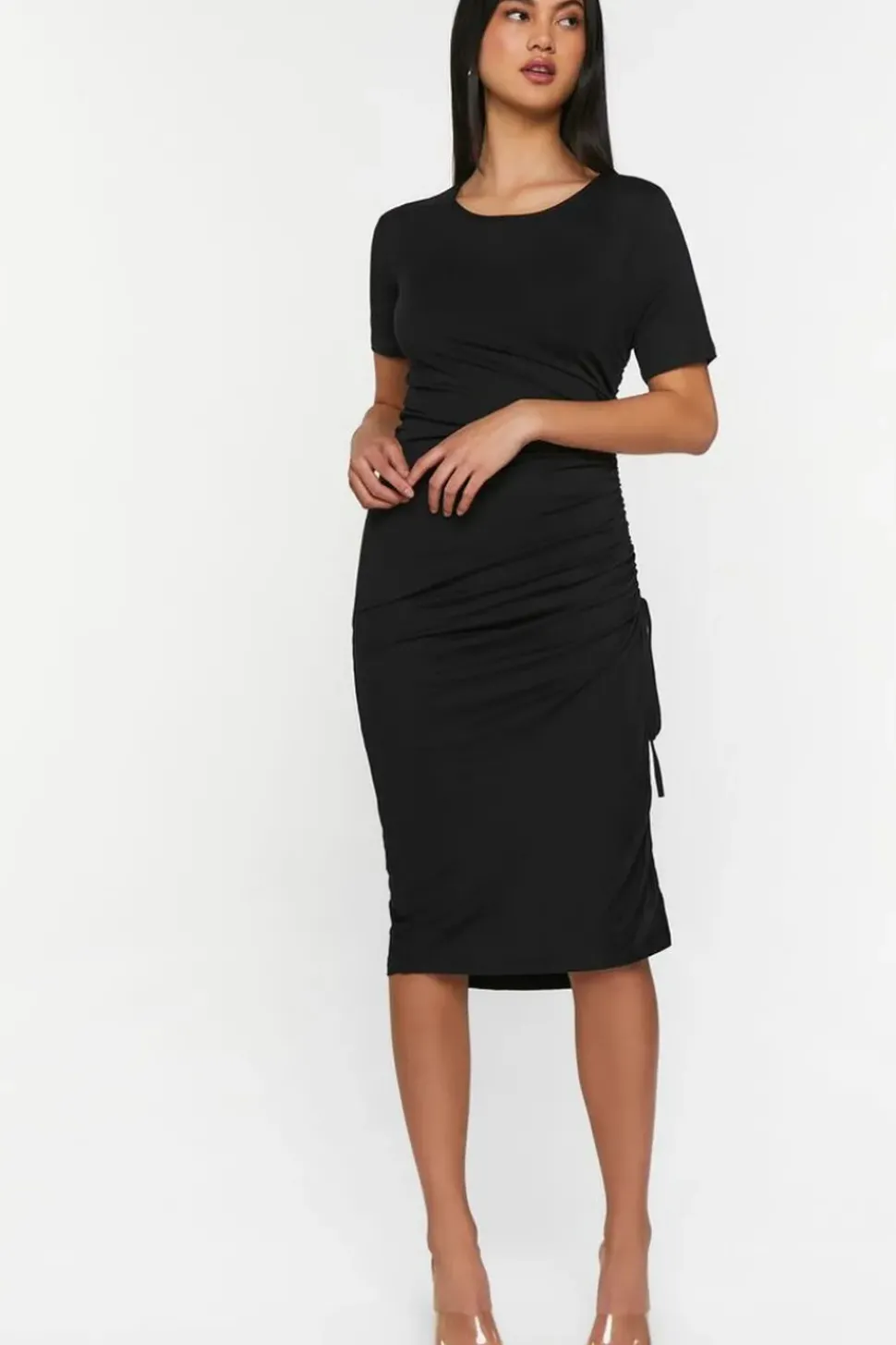Ruched Short-Sleeve Midi Dress