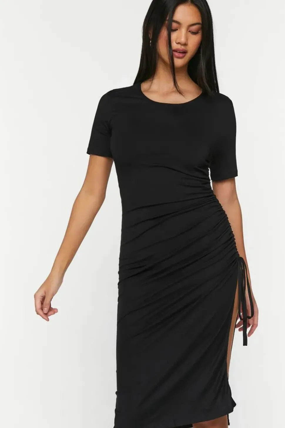 Ruched Short-Sleeve Midi Dress