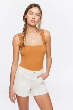 Ruched-Strap Ribbed Bodysuit