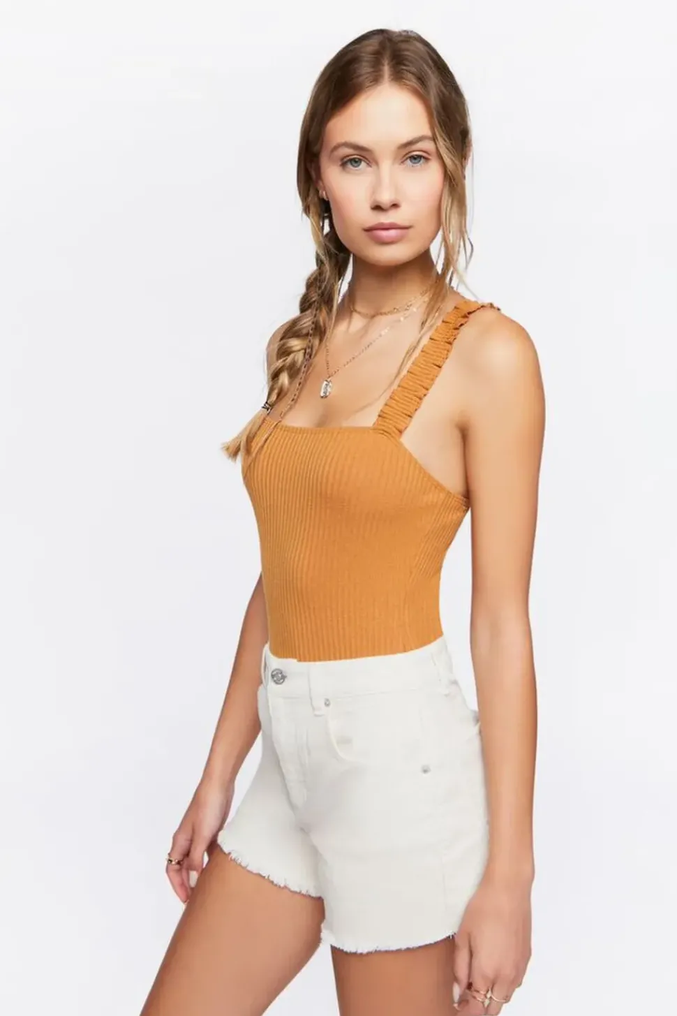 Ruched-Strap Ribbed Bodysuit