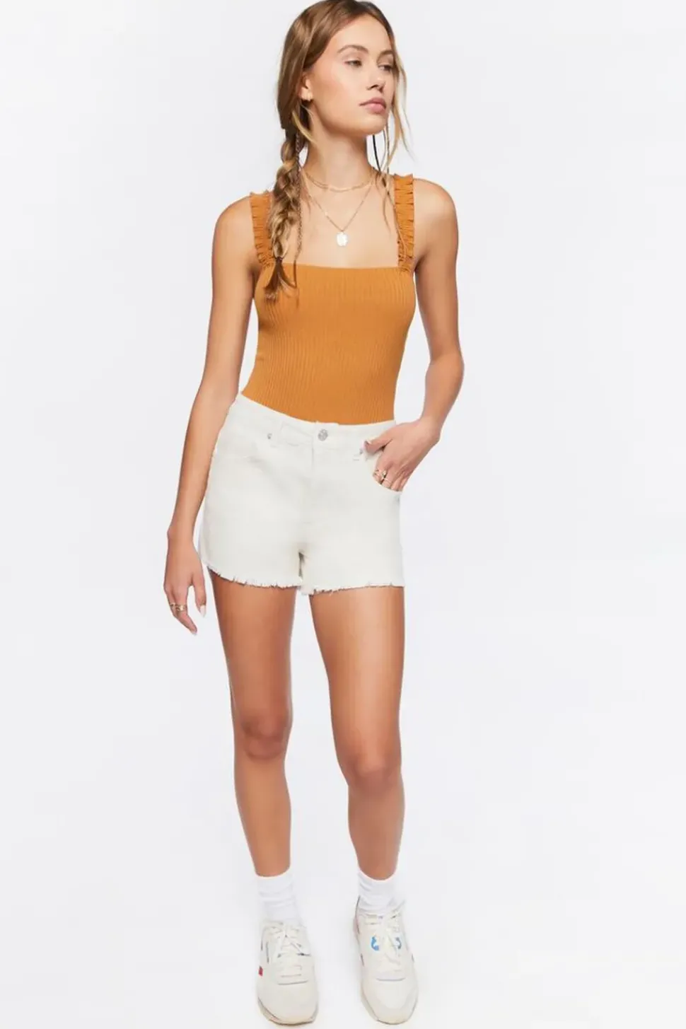Ruched-Strap Ribbed Bodysuit