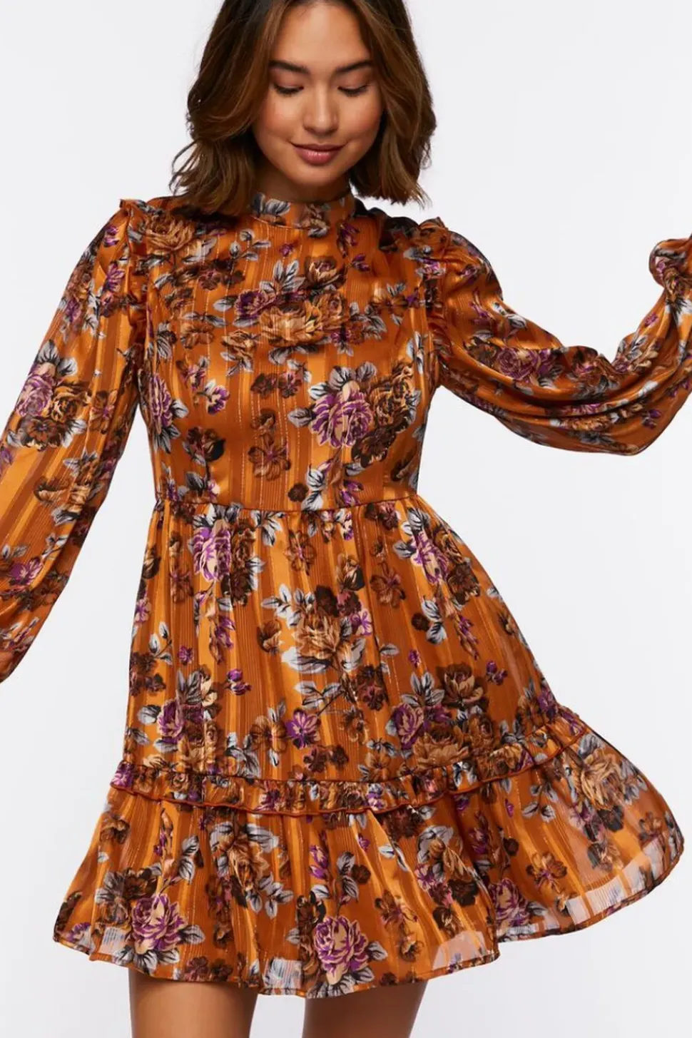 Ruffled Floral Chiffon Mini Dress