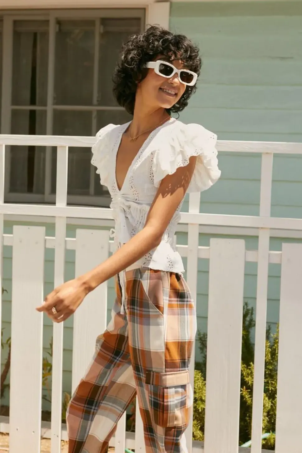 Ruffle-Trim Eyelet Crop Top