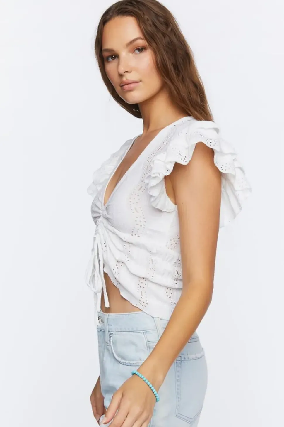 Ruffle-Trim Eyelet Crop Top