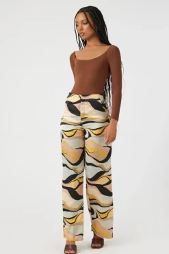 Satin Abstract Print Wide-Leg Pants
