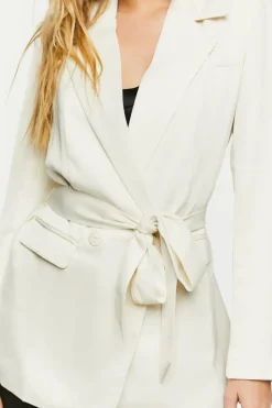 Satin Belted Double-Breasted Blazer