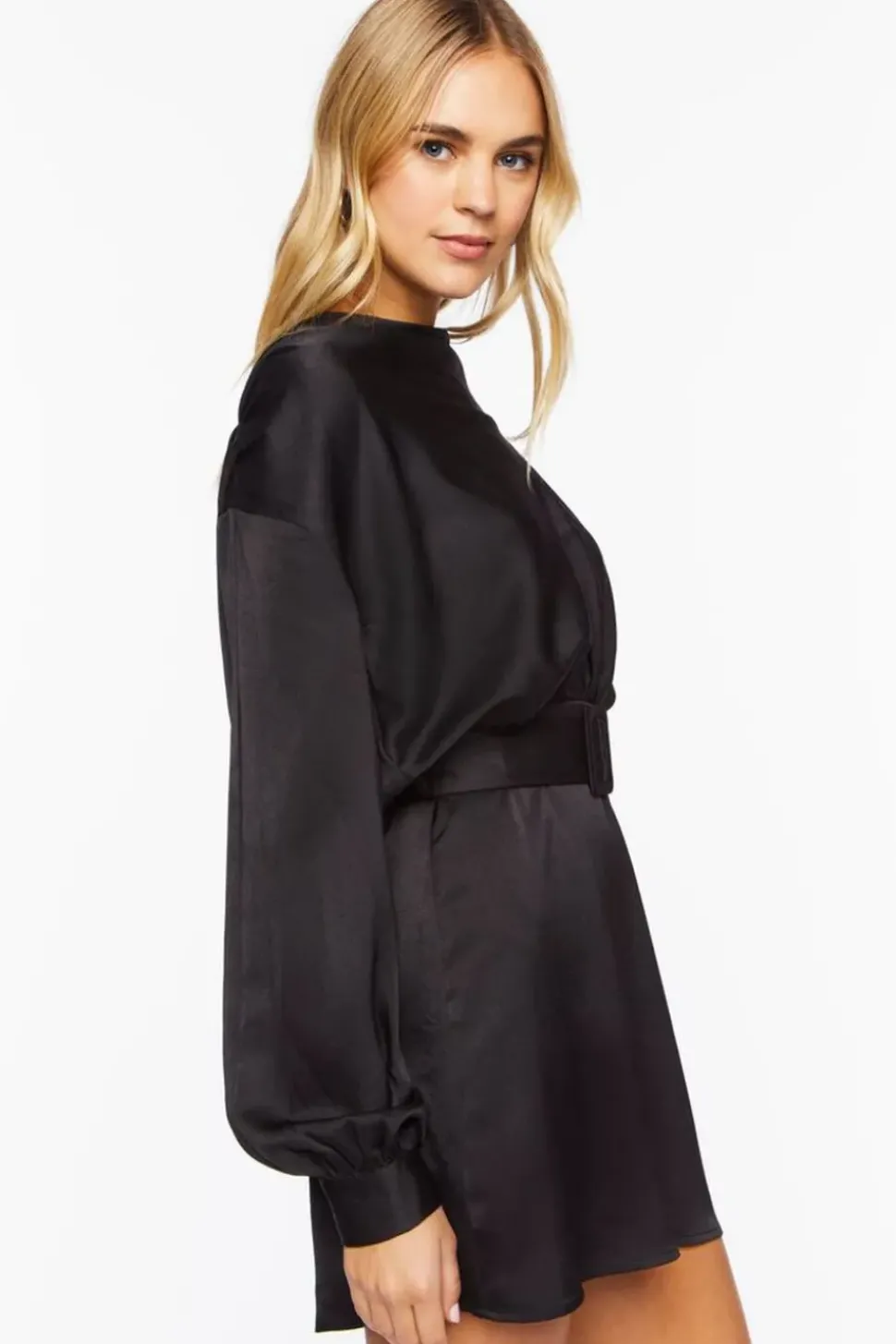 Satin Belted Drop-Sleeve Mini Dress