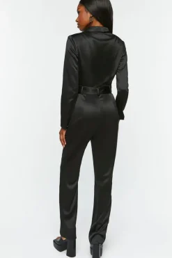 Satin Belted Long-Sleeve Jumpsuit
