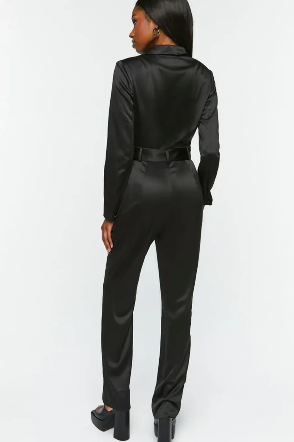 Satin Belted Long-Sleeve Jumpsuit