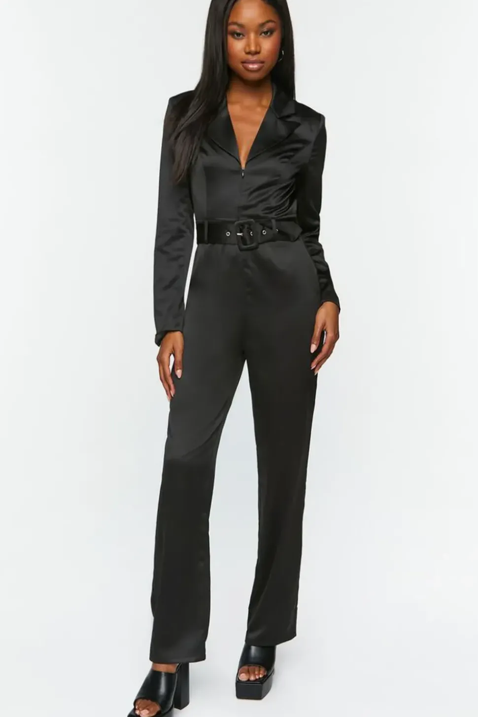 Satin Belted Long-Sleeve Jumpsuit