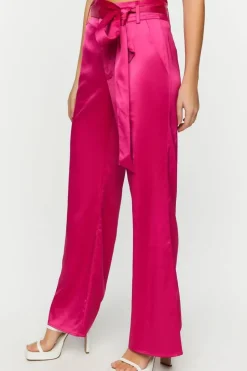 Satin Belted Straight-Leg Pants