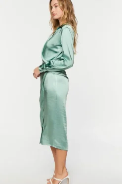Satin Button-Front Wrap Midi Dress