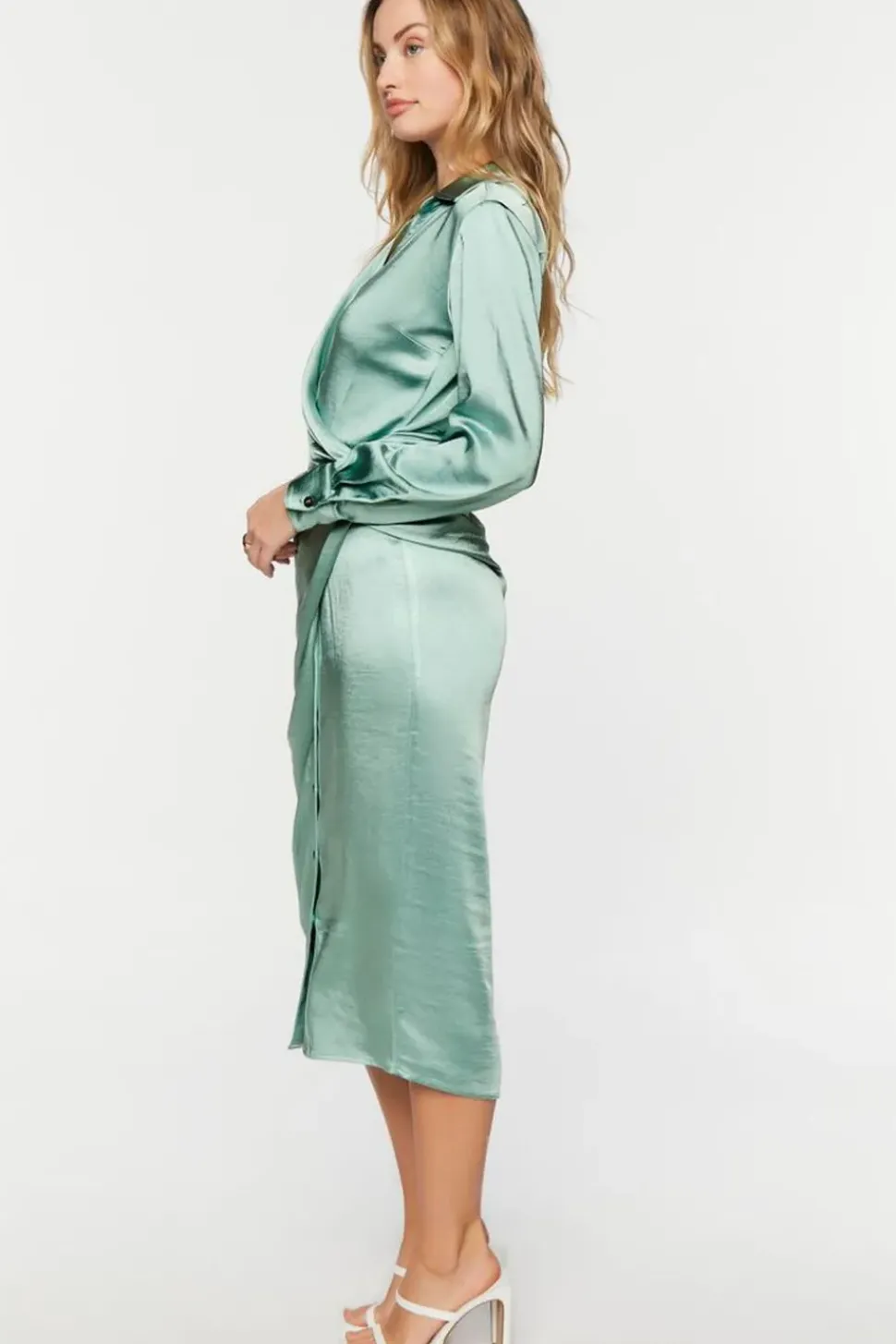 Satin Button-Front Wrap Midi Dress