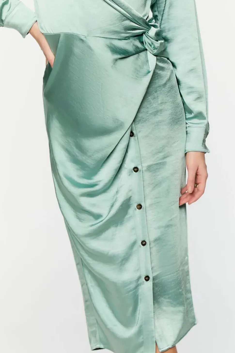 Satin Button-Front Wrap Midi Dress