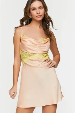Satin Cowl Lace-Trim Slip Dress