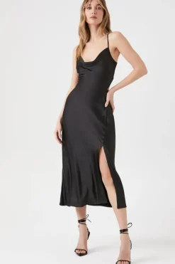 Satin Cowl Neck Midi Dress