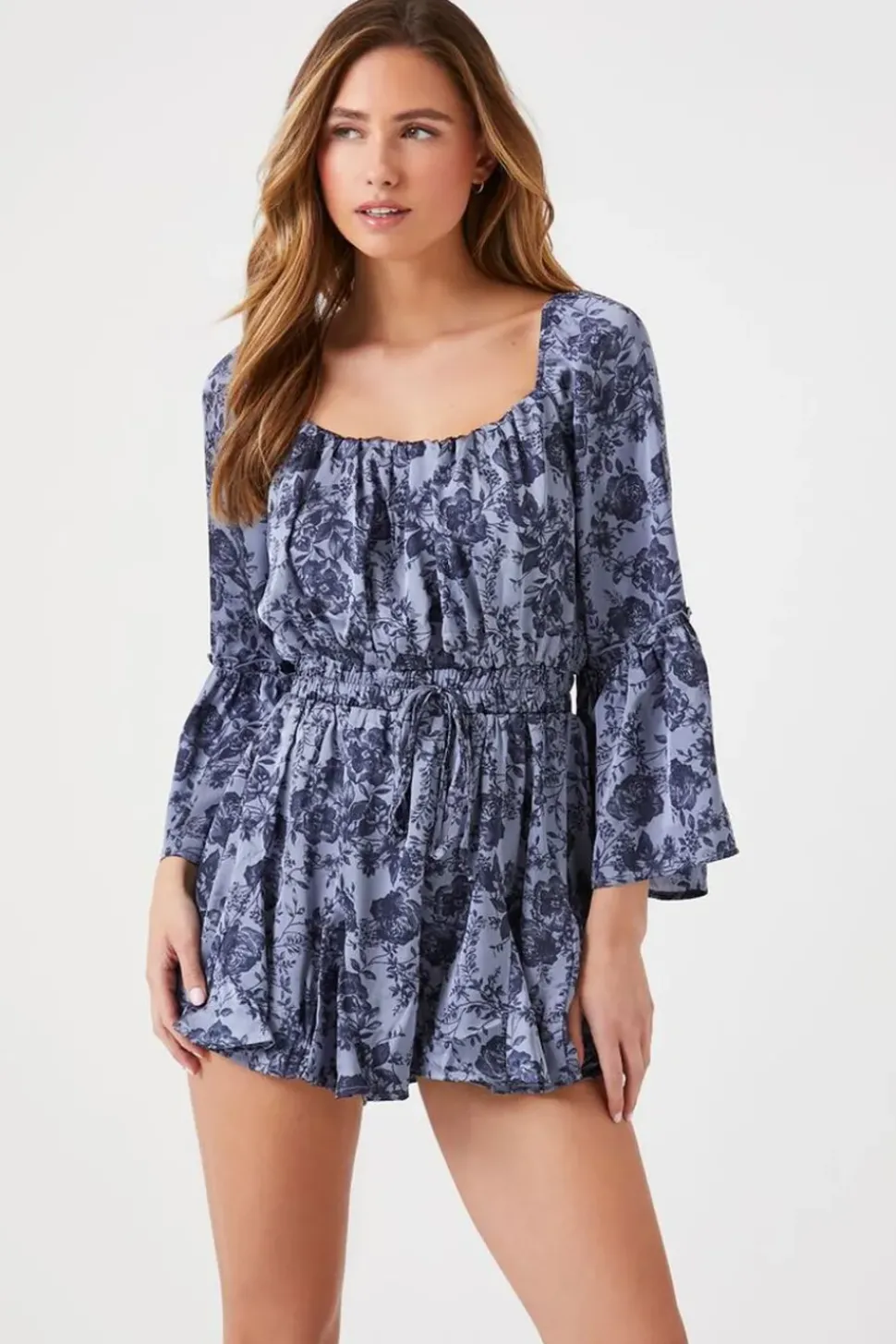 Satin Floral Bell-Sleeve Romper