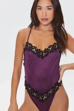 Satin Floral Lace Lingerie Bodysuit