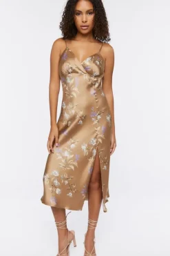 Satin Floral Print Midi Dress
