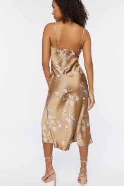 Satin Floral Print Midi Dress