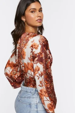 Satin Floral Print Tie-Front Top
