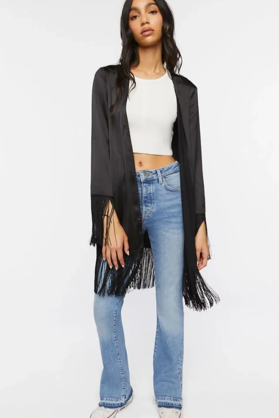 Satin Fringe-Trim Kimono