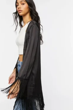 Satin Fringe-Trim Kimono