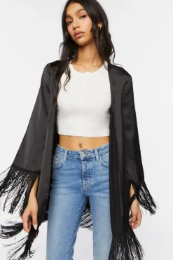 Satin Fringe-Trim Kimono
