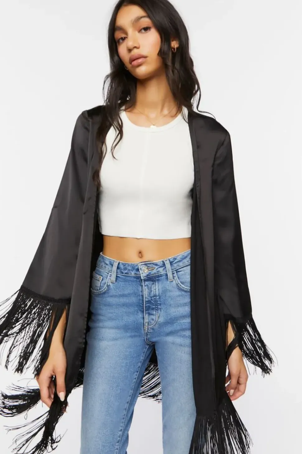 Satin Fringe-Trim Kimono