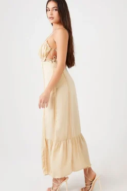 Satin Lace-Trim Cutout Midi Dress
