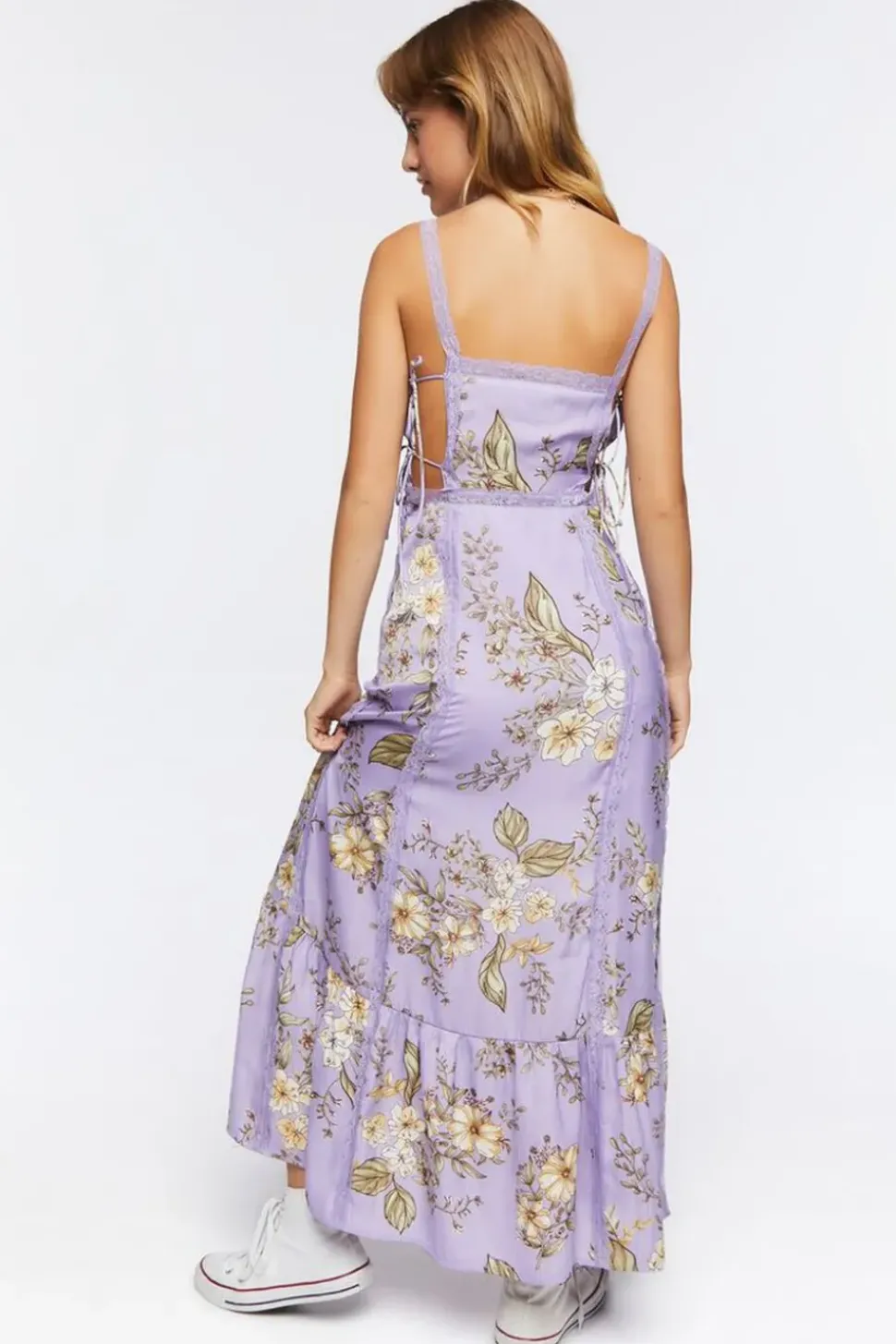 Satin Lace-Trim Midi Dress