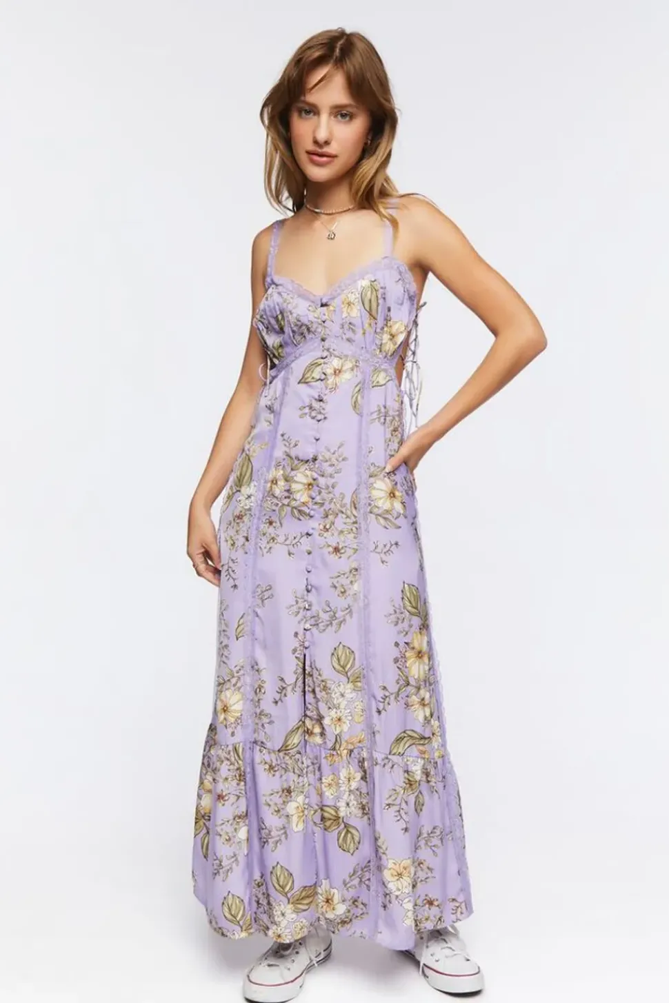 Satin Lace-Trim Midi Dress