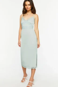 Satin Lace-Trim Midi Slip Dress