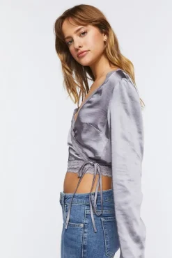 Satin Lace-Trim Wrap Crop Top