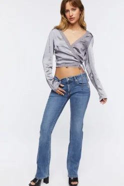 Satin Lace-Trim Wrap Crop Top