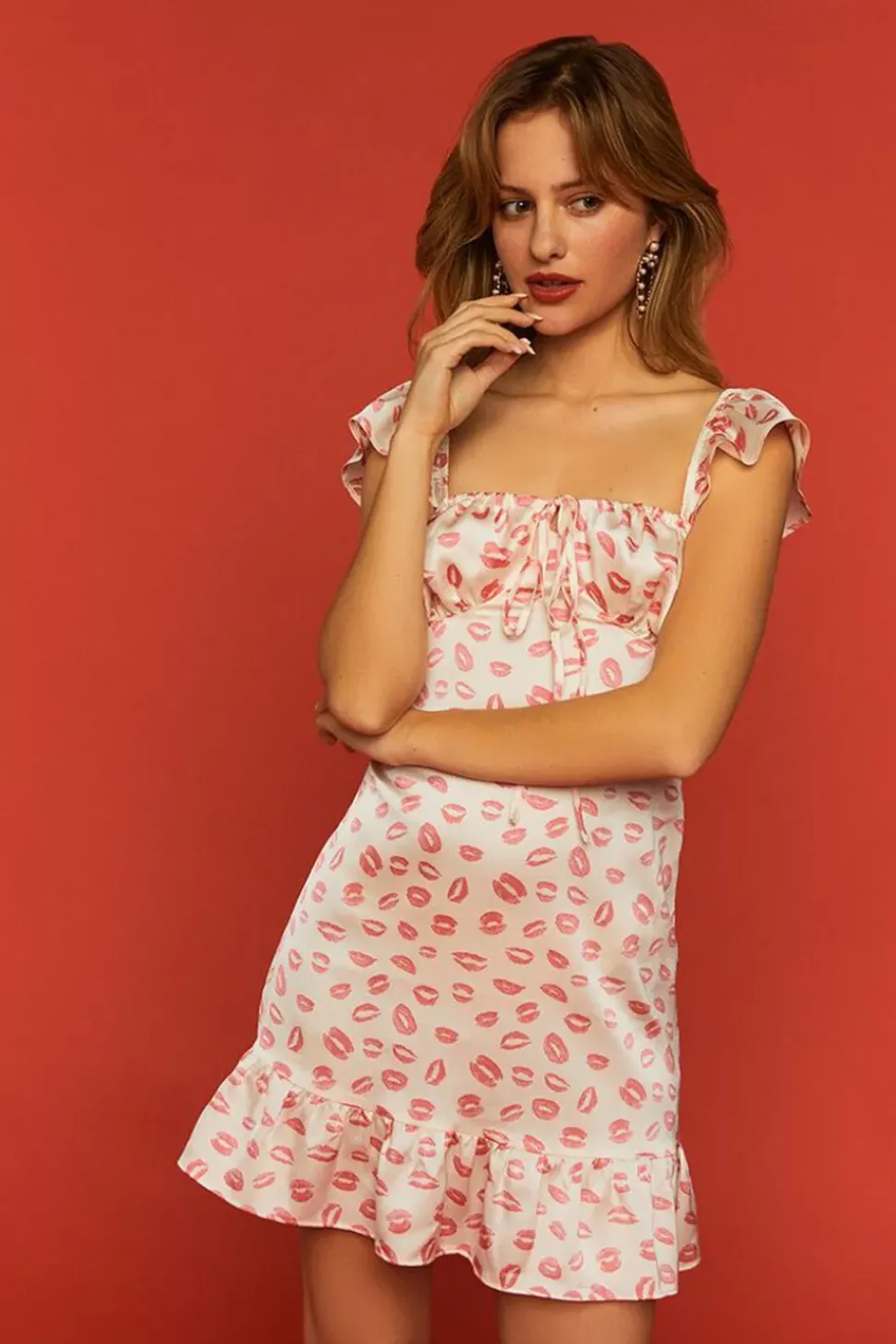 Satin Lip Print Mini Dress