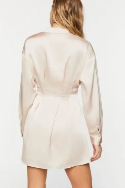 Satin Long-Sleeve Pleated Mini Dress