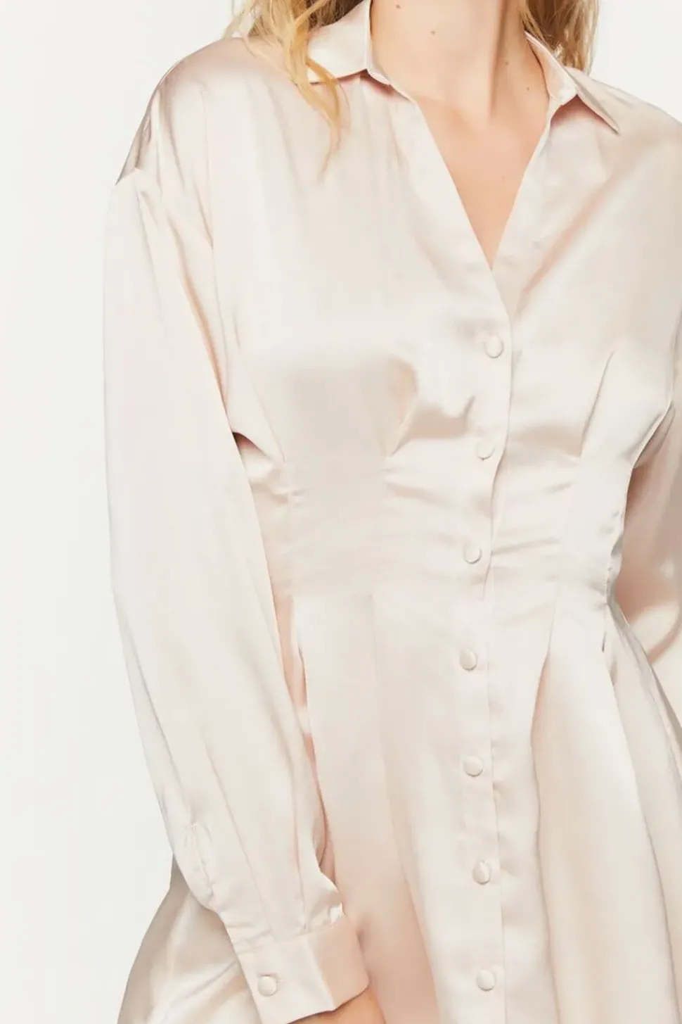 Satin Long-Sleeve Pleated Mini Dress