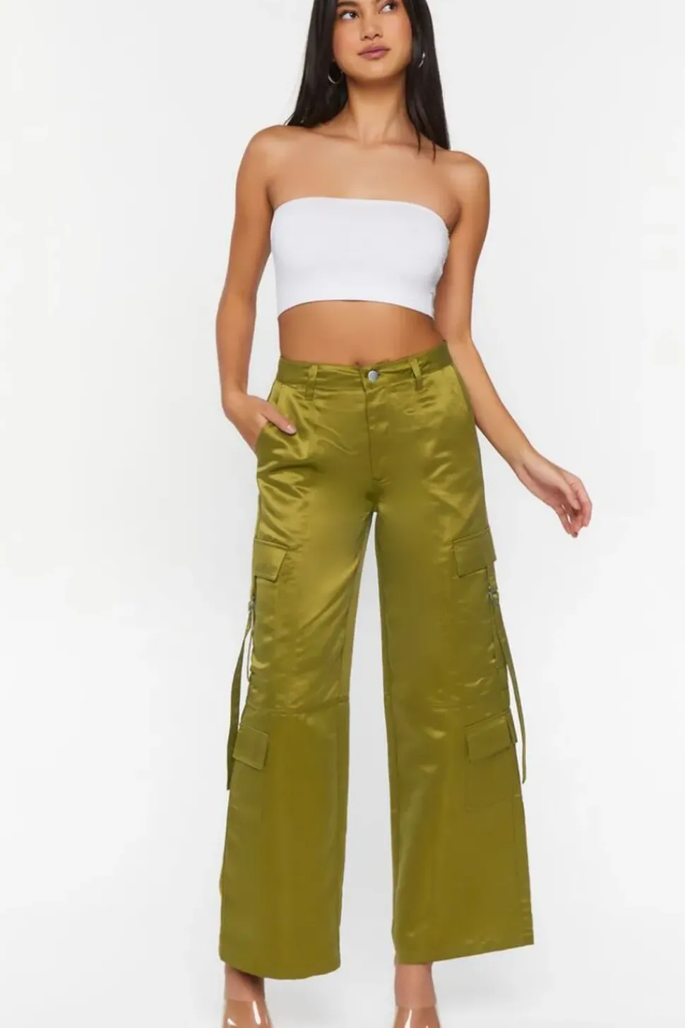 Satin Mid-Rise Cargo Pants