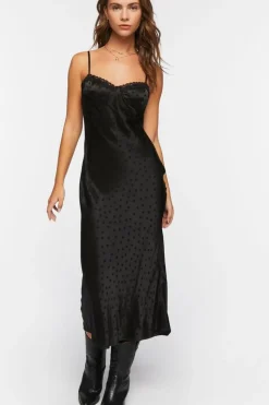 Satin Polka Dot Midi Slip Dress