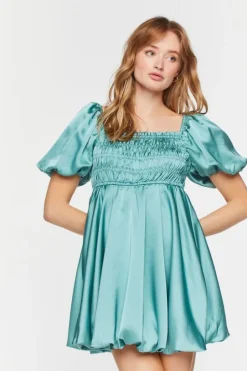 Satin Puff-Sleeve Babydoll Dress