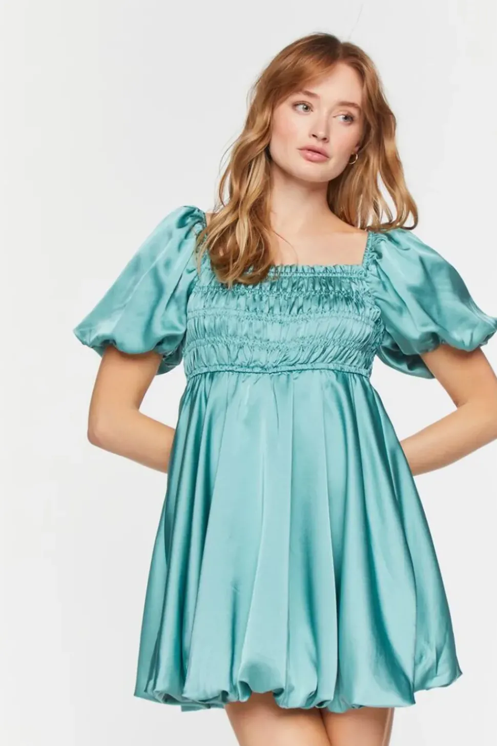 Satin Puff-Sleeve Babydoll Dress