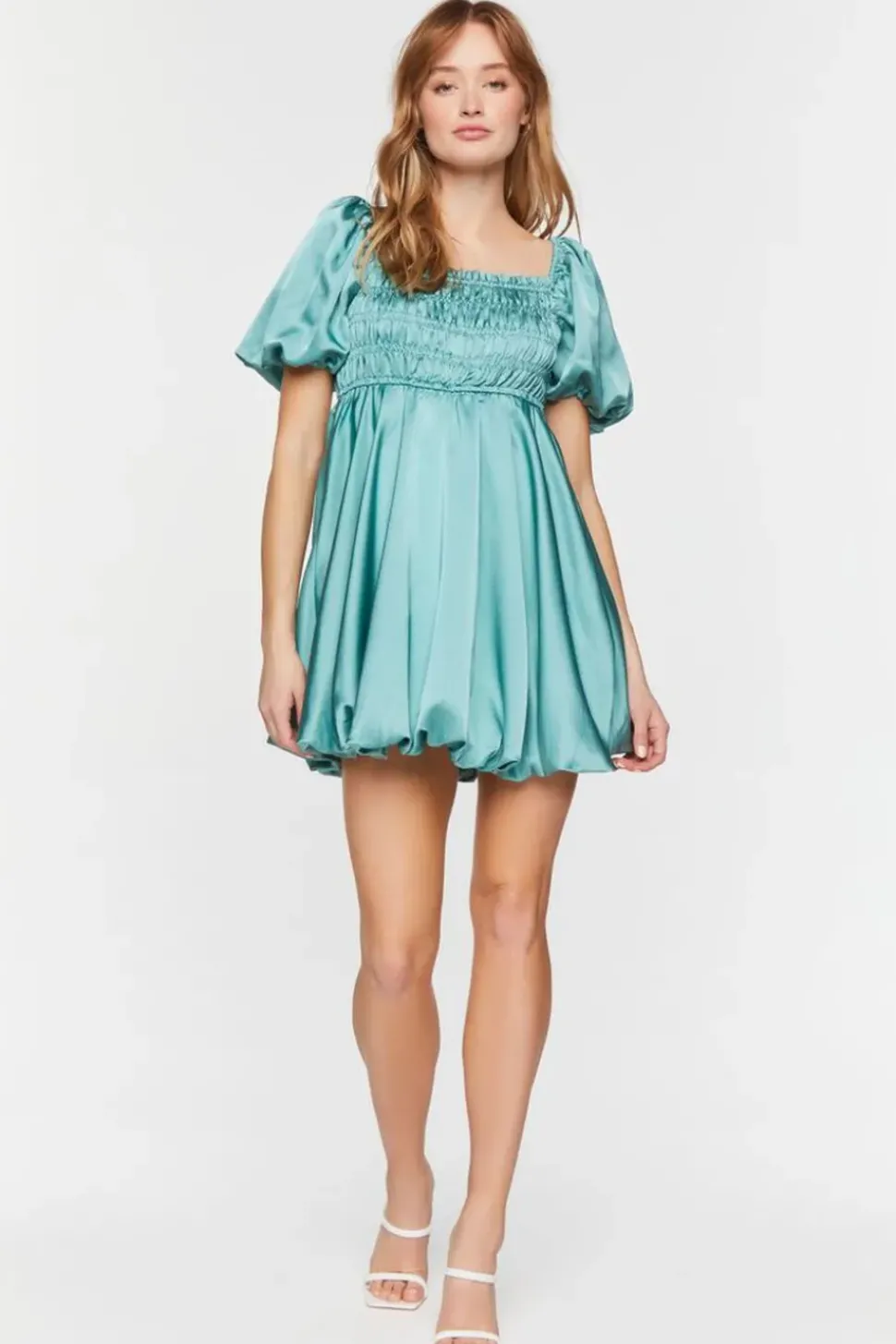 Satin Puff-Sleeve Babydoll Dress