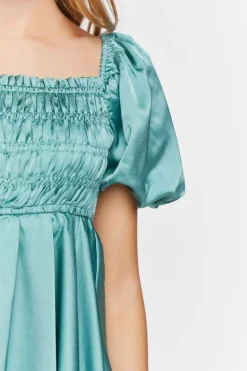 Satin Puff-Sleeve Babydoll Dress