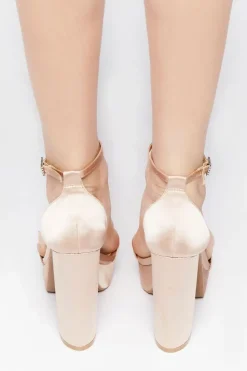 Satin Rhinestone-Buckled Platform Heels