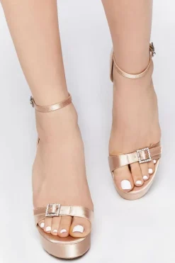 Satin Rhinestone-Buckled Platform Heels