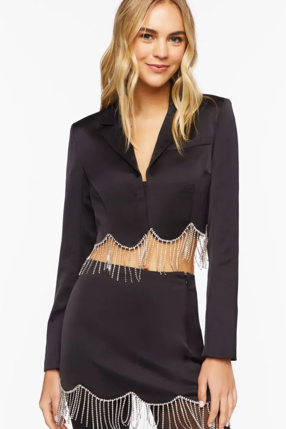 Satin Rhinestone Fringe Blazer