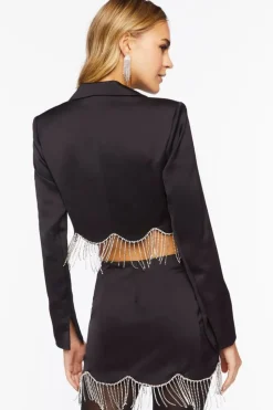 Satin Rhinestone Fringe Blazer