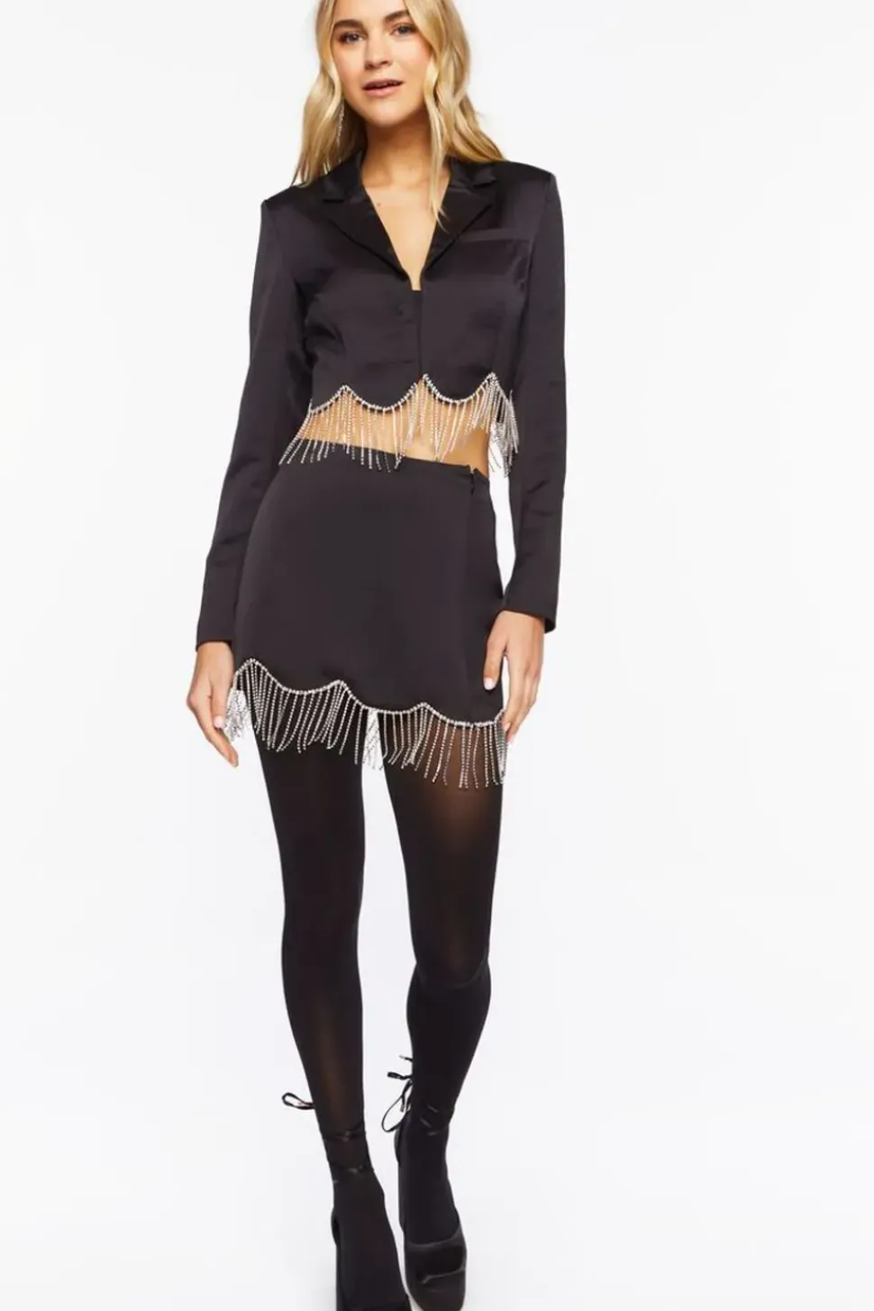 Satin Rhinestone Fringe Blazer