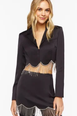 Satin Rhinestone Fringe Mini Skirt